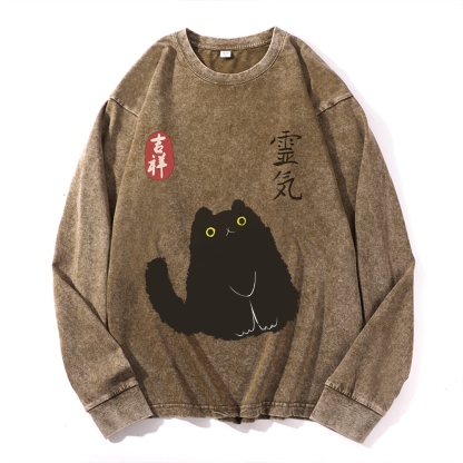 Cat Art Vintage Cotton Wash Crewneck Sweatshirt