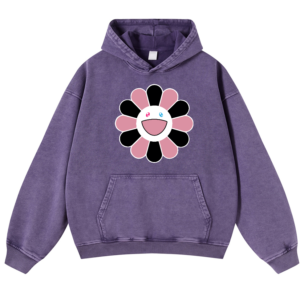 Black Pink Sunflowers TM Vintage Washed Thick Cotton Hoodie
