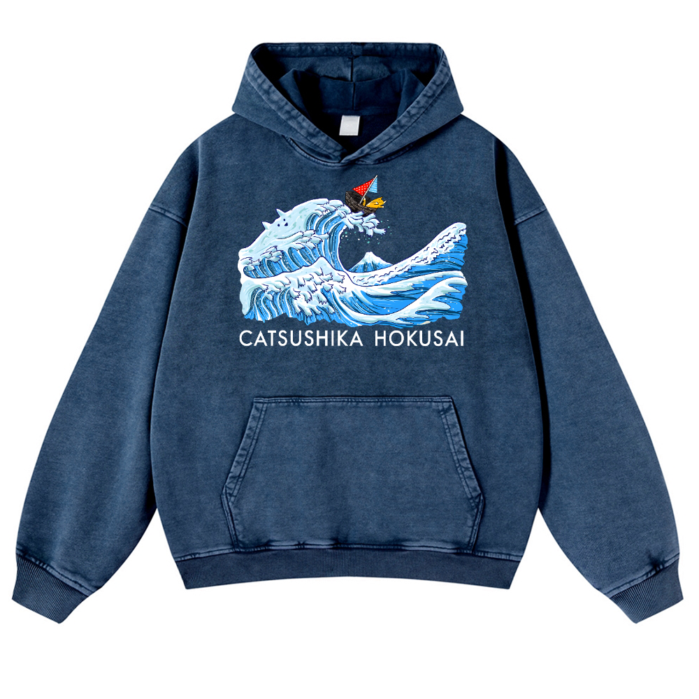 Katsushika Hokusai Cat Vintage Washed Thick Cotton Hoodie
