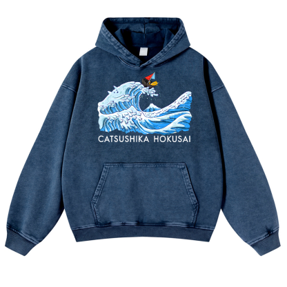 Katsushika Hokusai Cat Vintage Washed Thick Cotton Hoodie