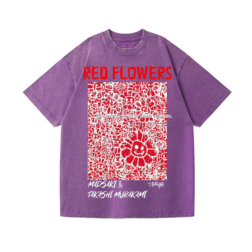 Red Flowers TM Vintage Wash Japanese Design T-Shirt