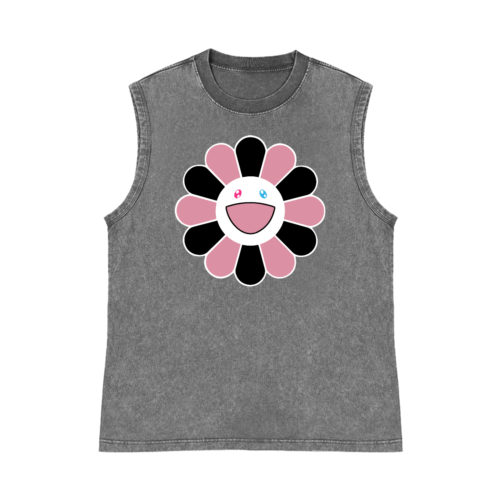 Black Pink Sunflowers TM Pure Cotton Wash-Dyed Sleeveless Tank Top