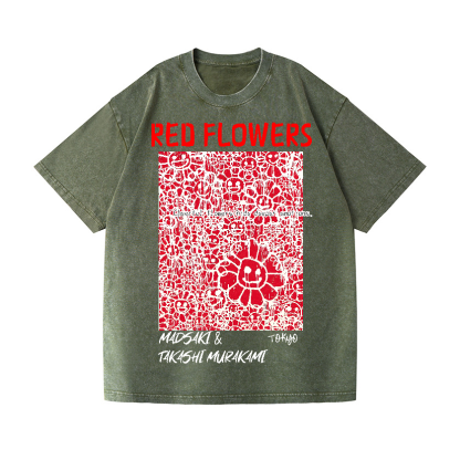 Red Flowers TM Vintage Wash Japanese Design T-Shirt