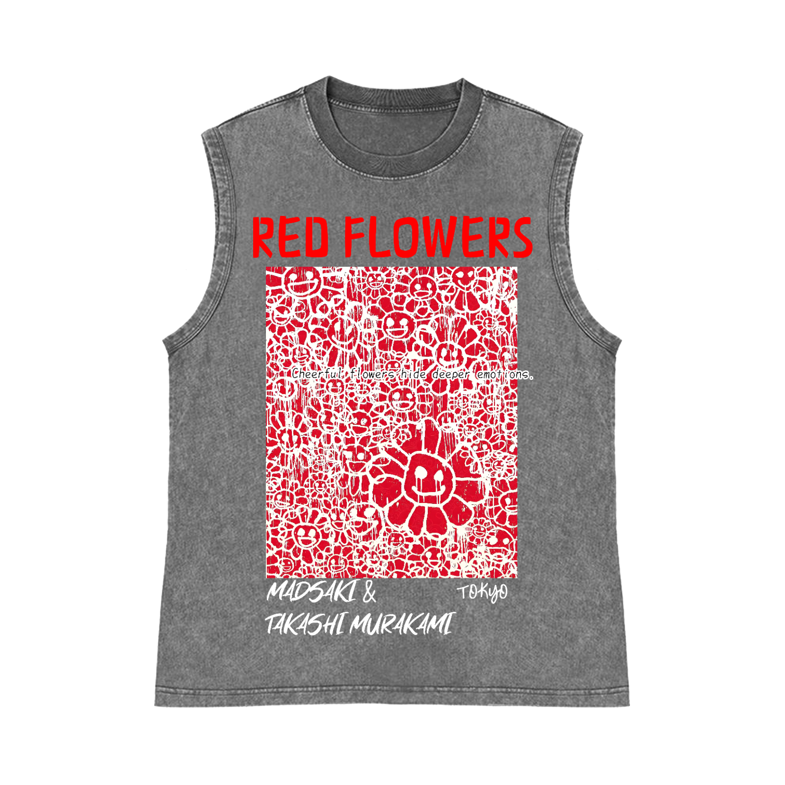 Madsaki Red Flowers TM Pure Cotton Wash-Dyed Sleeveless Tank Top