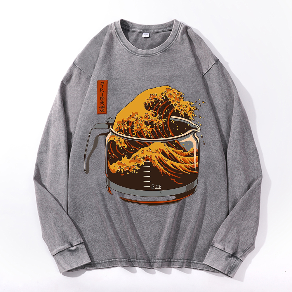 Coffee Katsushika Hokusai Vintage Cotton Wash Crewneck Sweatshirt