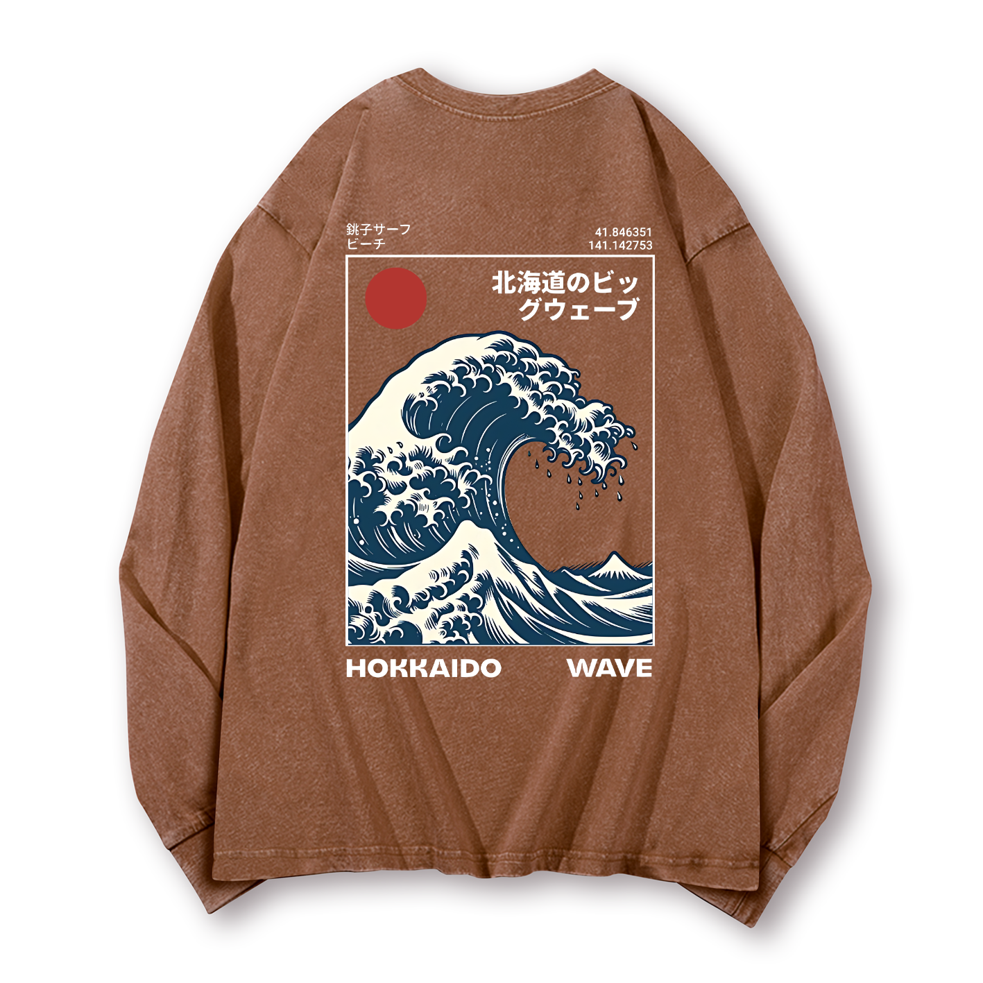 Katsushika Hokusai Wave Ukiyoe Vintage Washed Cotton Back Art Long-sleeve T-shirt