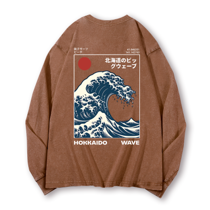 Katsushika Hokusai Wave Ukiyoe Vintage Washed Cotton Back Art Long-sleeve T-shirt