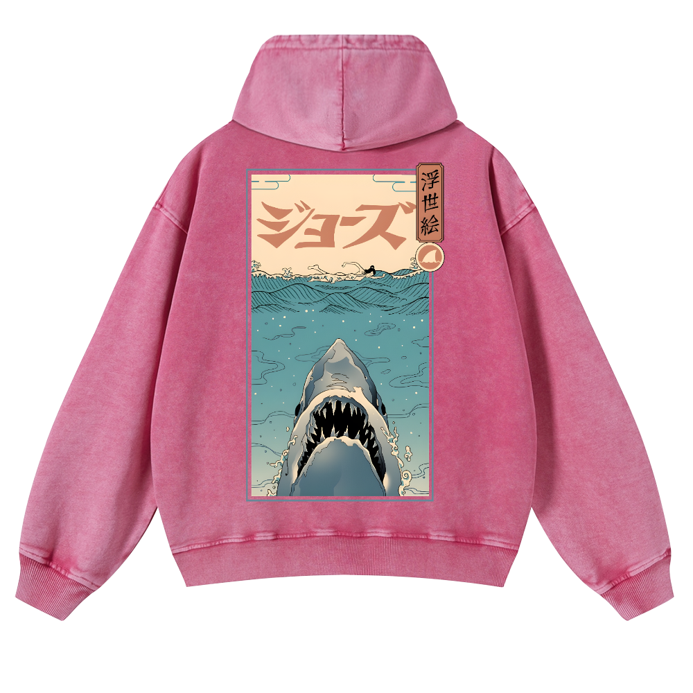 Jaws Ukiyoe Vintage Washed Cotton Back Art Hoodie