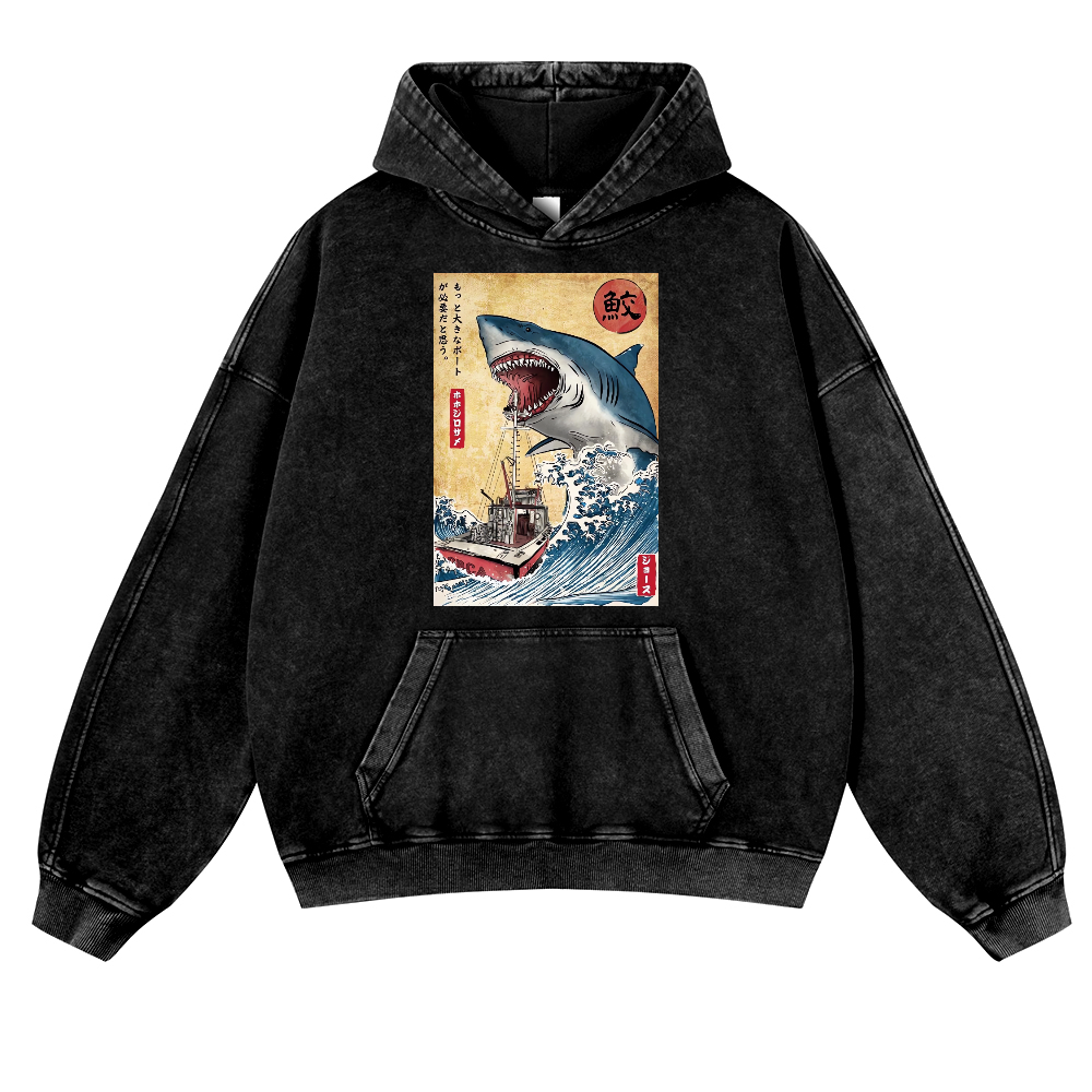 Jaws Ukiyoe Vintage Washed Thick Cotton Hoodie