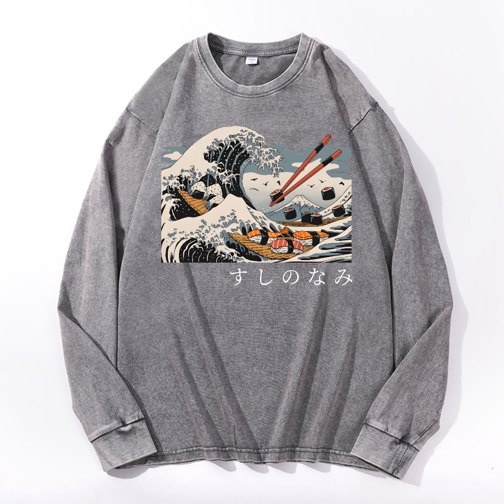 Sushi Katsushika Hokusai Vintage Cotton Wash Crewneck Sweatshirt