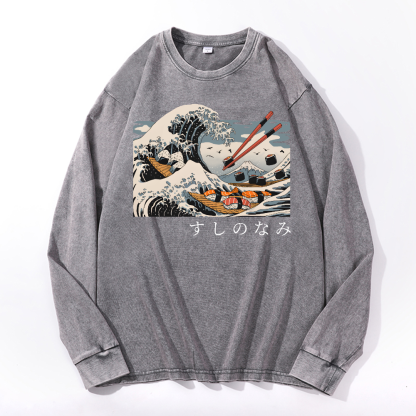 Sushi Katsushika Hokusai Vintage Cotton Wash Crewneck Sweatshirt