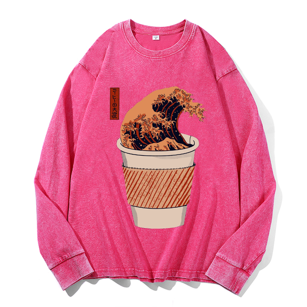 Coffee Katsushika Hokusai Vintage Cotton Wash Crewneck Sweatshirt