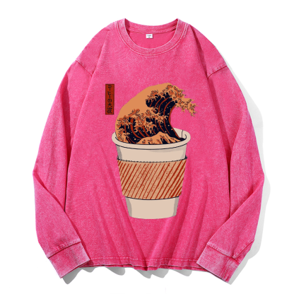 Coffee Katsushika Hokusai Vintage Cotton Wash Crewneck Sweatshirt