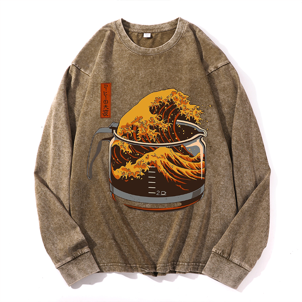 Coffee Katsushika Hokusai Vintage Cotton Wash Crewneck Sweatshirt
