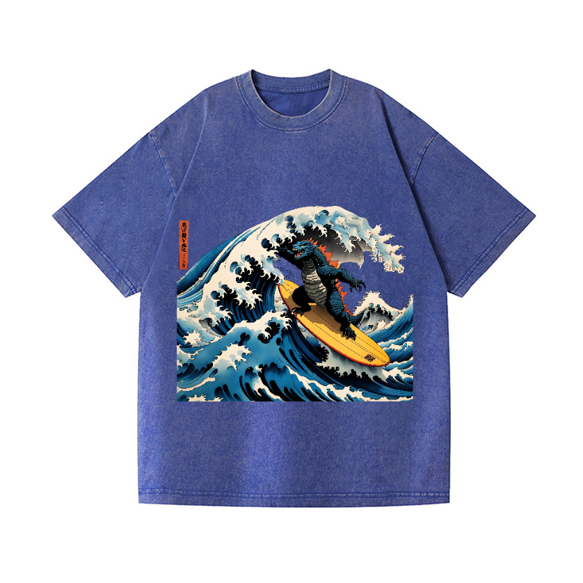 Godzilla Wave Ukiyoe Vintage Wash Japanese Design T-Shirt