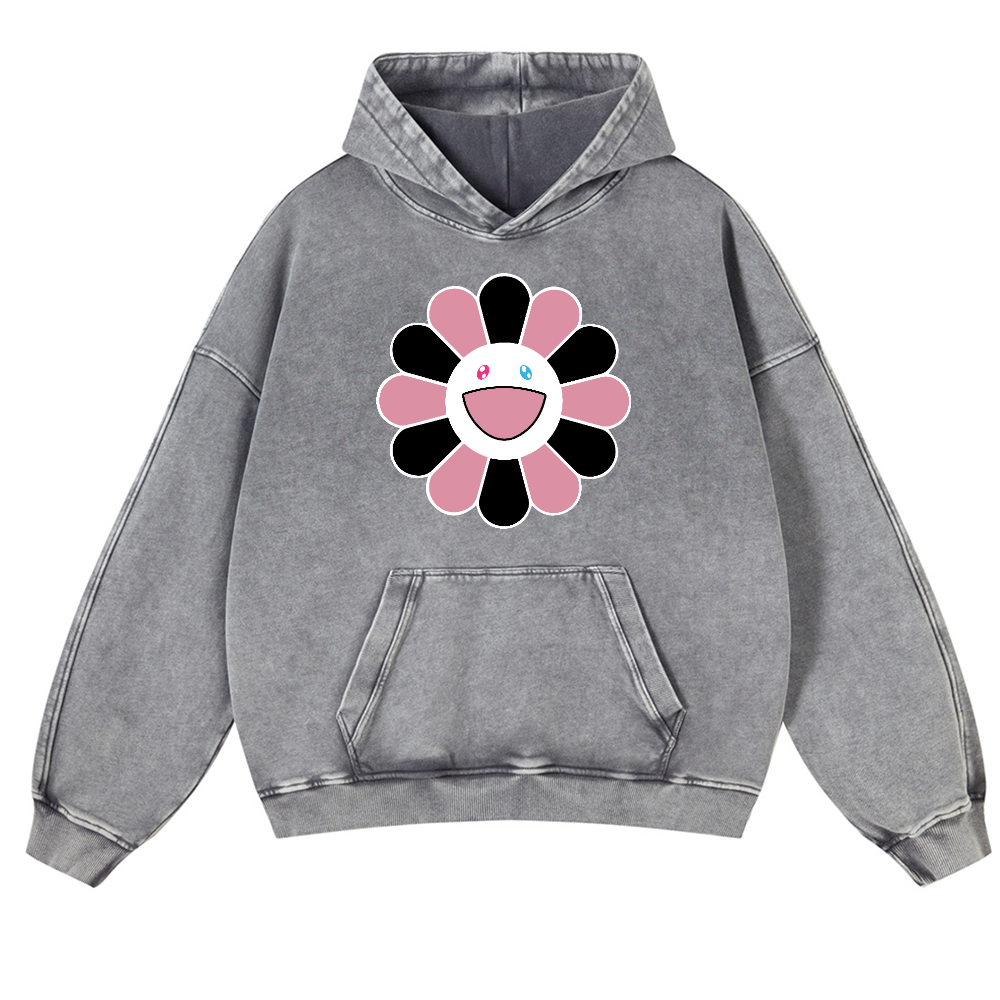 Black Pink Sunflowers TM Vintage Washed Thick Cotton Hoodie