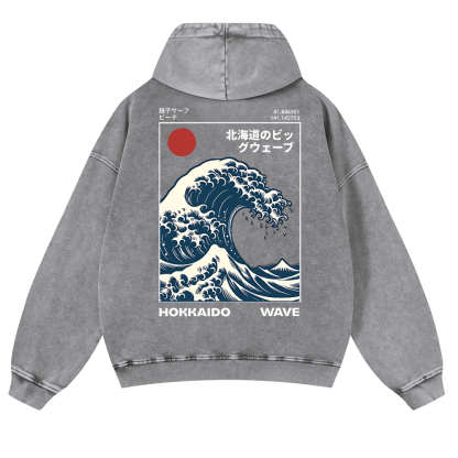 Katsushika Hokusai Hokkaido Wave Ukiyoe Vintage Washed Cotton Back Art Hoodie