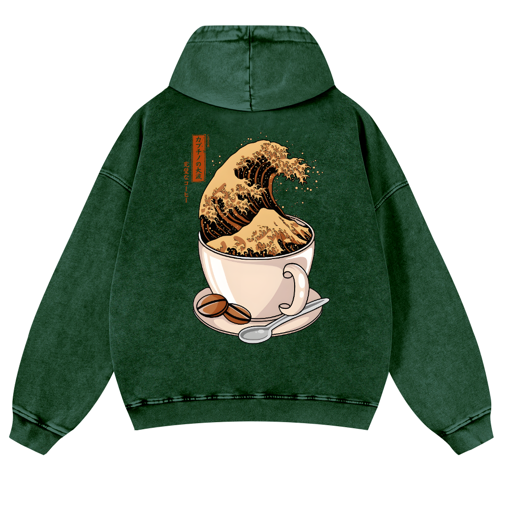 Katsushika Hokusai Coffee Wave Vintage Washed Cotton Back Art Hoodie