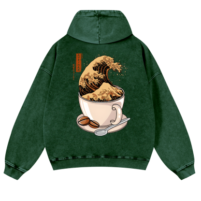 Katsushika Hokusai Coffee Wave Vintage Washed Cotton Back Art Hoodie