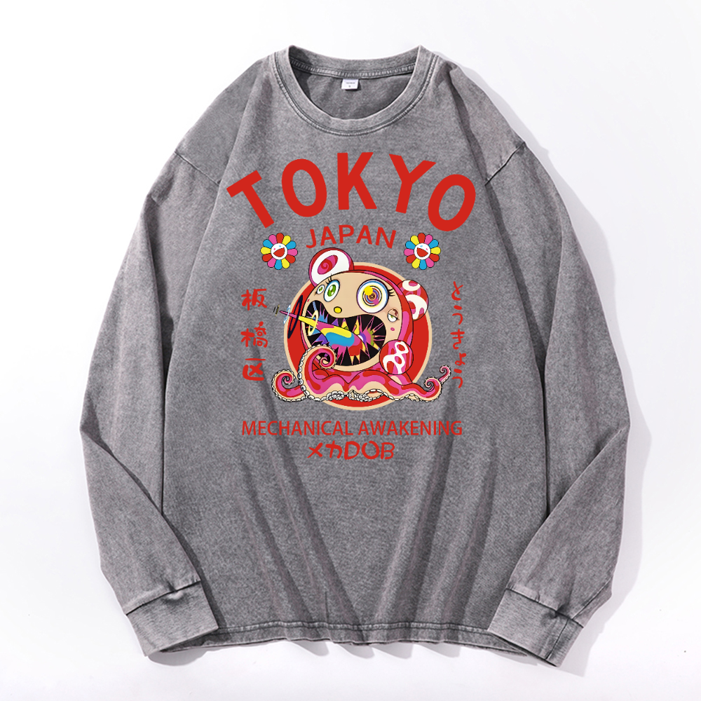 TM Sunflower Octopus Tokyo Japan Vintage Cotton Wash Long-sleeve T-shirt