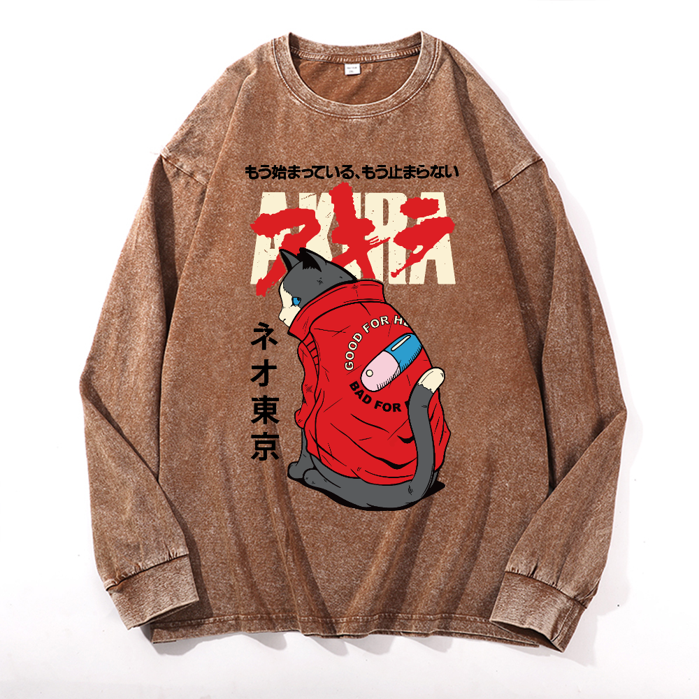 Akira Cat Vintage Cotton Wash Crewneck Sweatshirt