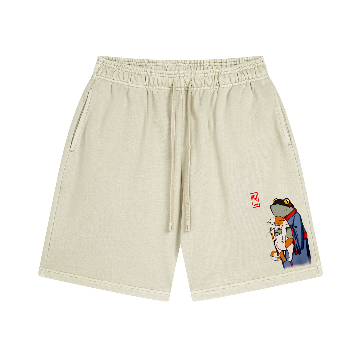 Matsumoto Hoji Frog and Cat Vintage Washed Cotton Shorts