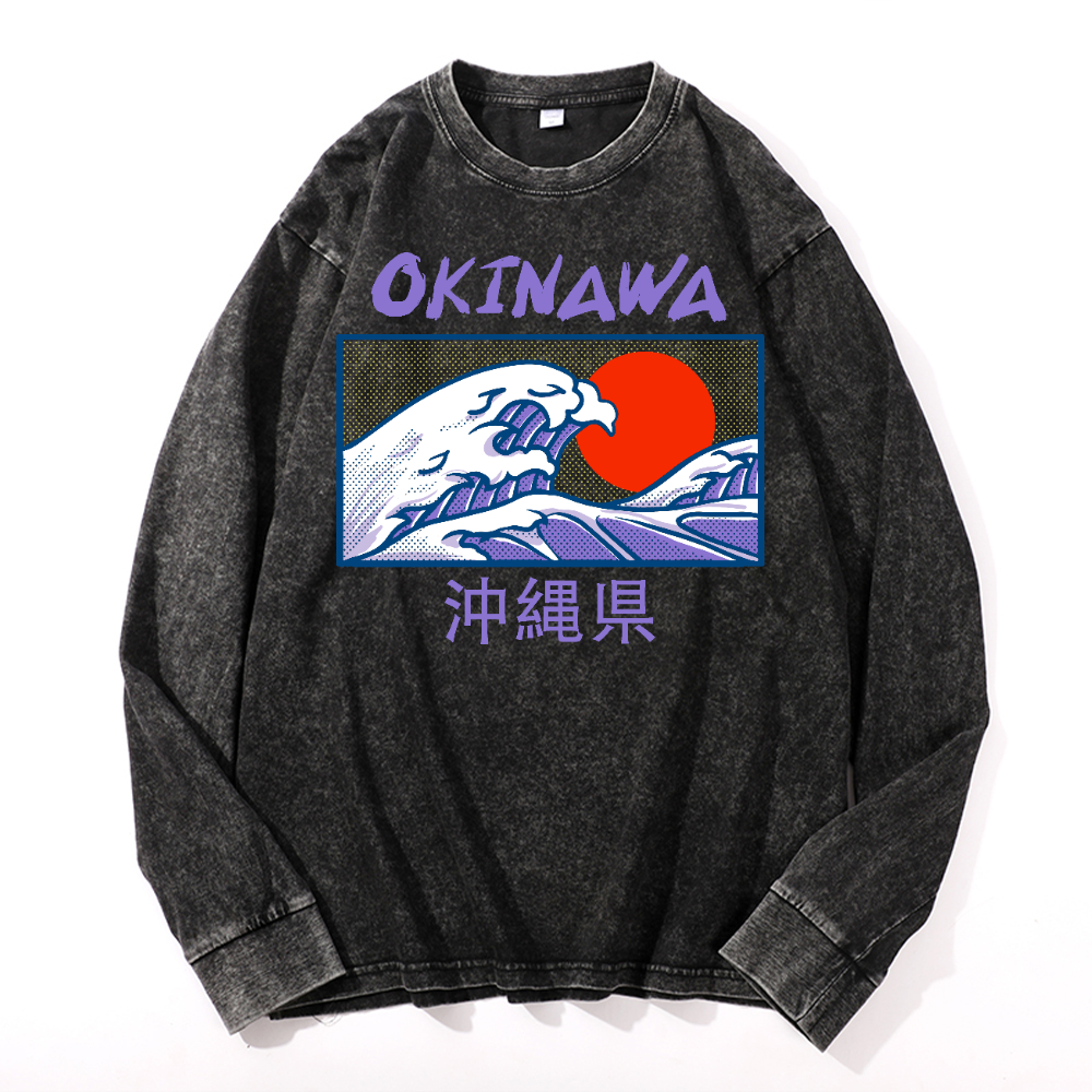 Okinawa Katsushika Hokusai Vintage Cotton Wash Crewneck Sweatshirt