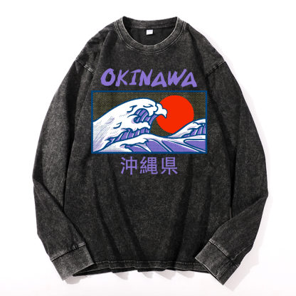 Okinawa Katsushika Hokusai Vintage Cotton Wash Crewneck Sweatshirt