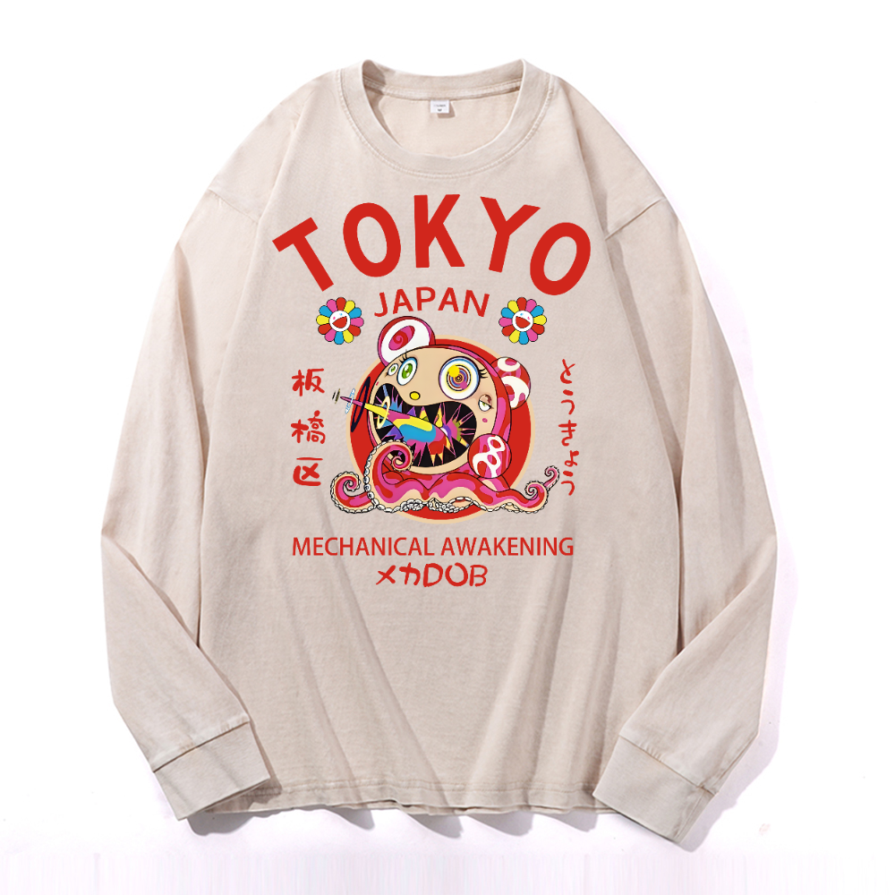 TM Sunflower Octopus Tokyo Japan Vintage Cotton Wash Long-sleeve T-shirt