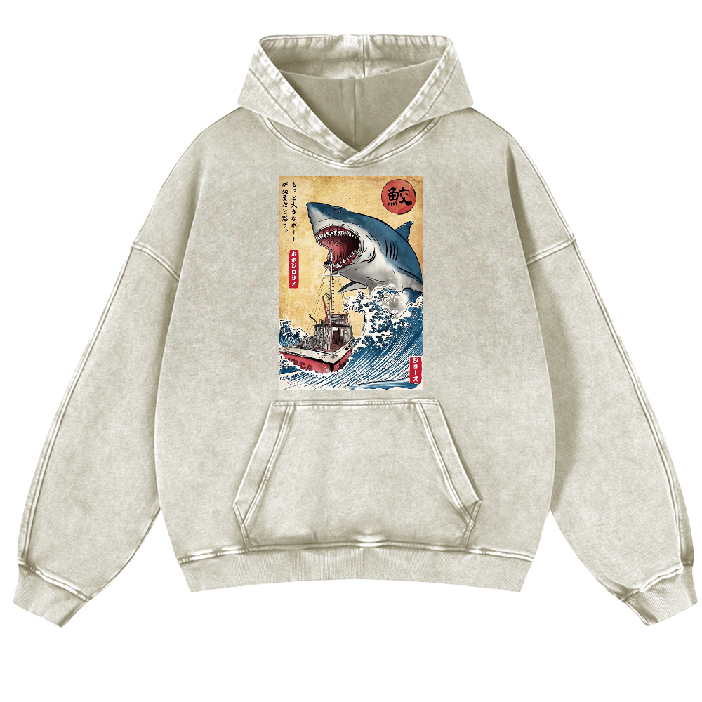 Jaws Ukiyoe Vintage Washed Thick Cotton Hoodie