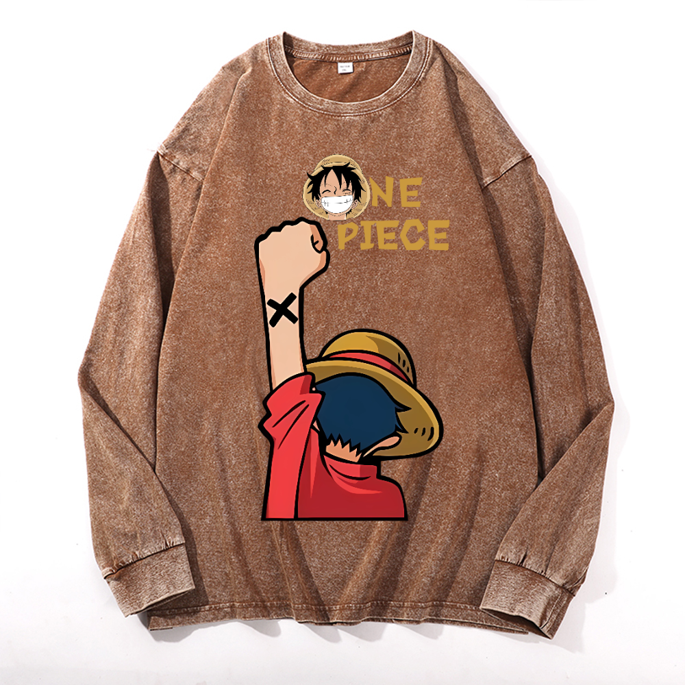 OP Luffy Vintage Cotton Wash Crewneck Sweatshirt