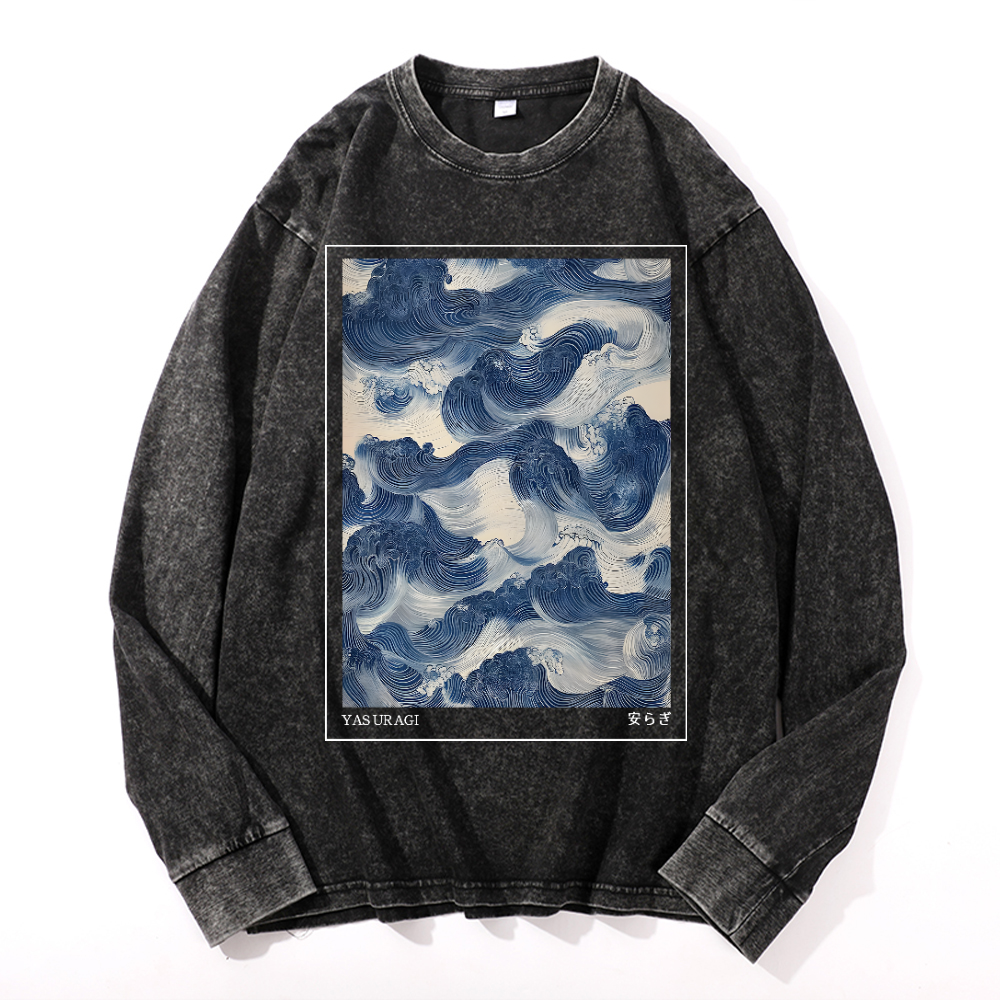Yasuragi Art Wave Vintage Cotton Wash Long-sleeve T-shirt