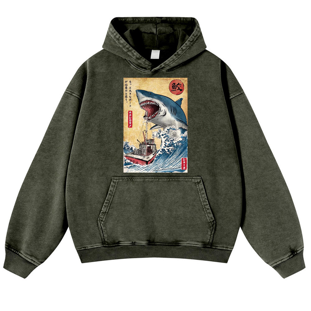 Jaws Ukiyoe Vintage Washed Thick Cotton Hoodie