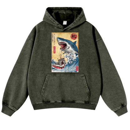Jaws Ukiyoe Vintage Washed Thick Cotton Hoodie