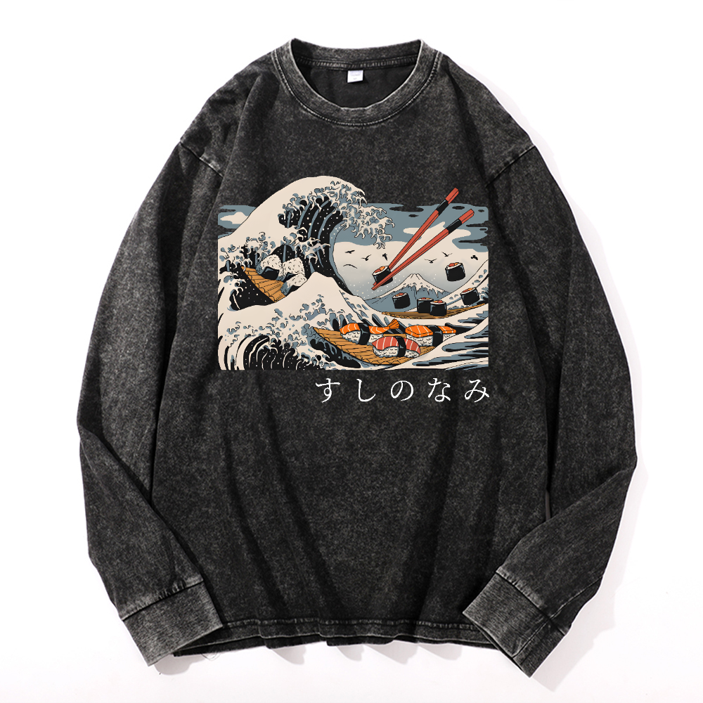 Sushi Katsushika Hokusai Vintage Cotton Wash Crewneck Sweatshirt