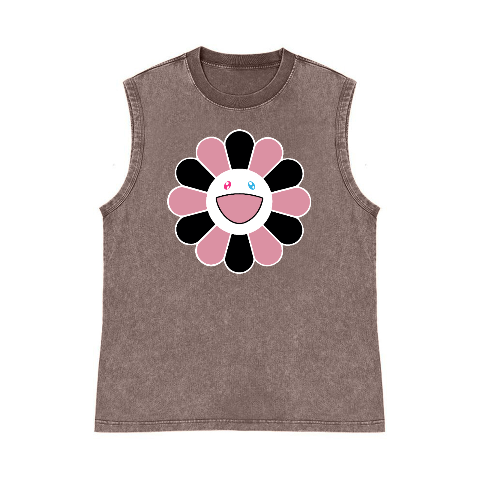 Black Pink Sunflowers TM Pure Cotton Wash-Dyed Sleeveless Tank Top