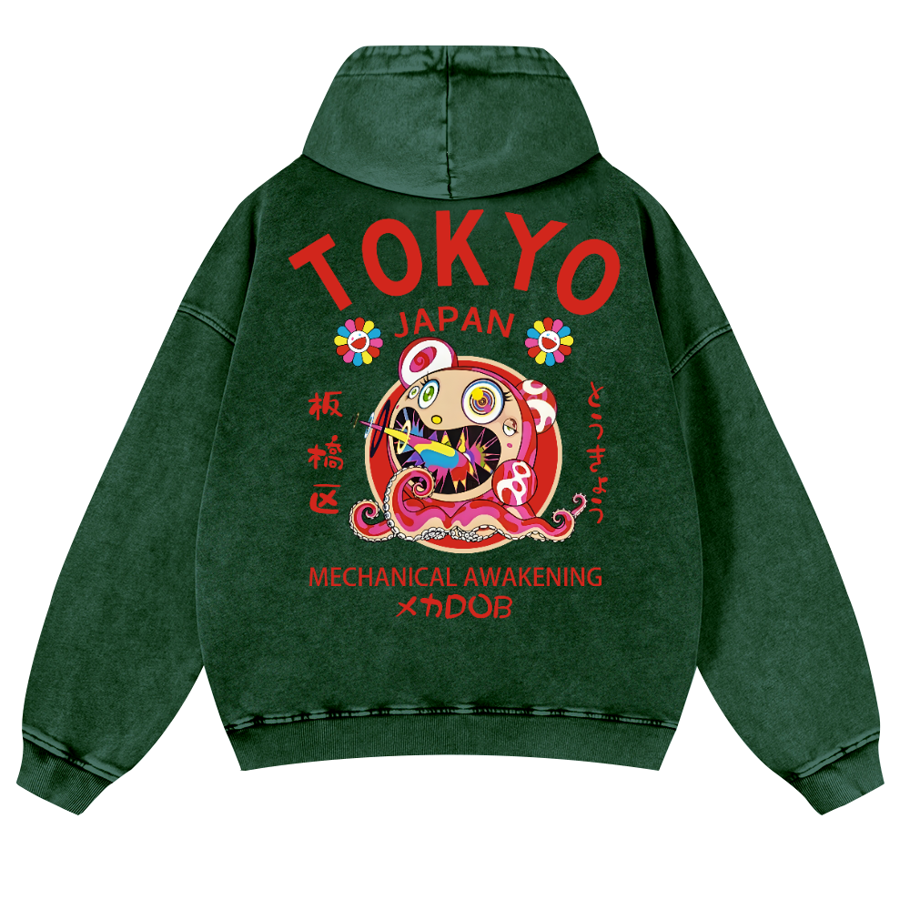 TM Sunflower Octopus Tokyo Japan Vintage Washed Cotton Back Art Hoodie