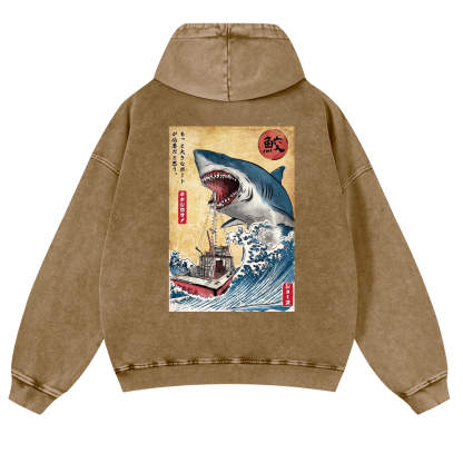 Jaws Ukiyoe Vintage Washed Cotton Back Art Hoodie