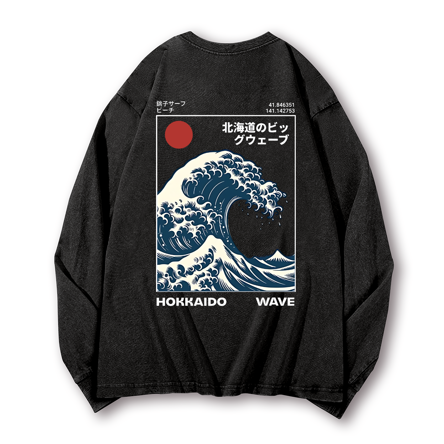 Katsushika Hokusai Wave Ukiyoe Vintage Washed Cotton Back Art Long-sleeve T-shirt