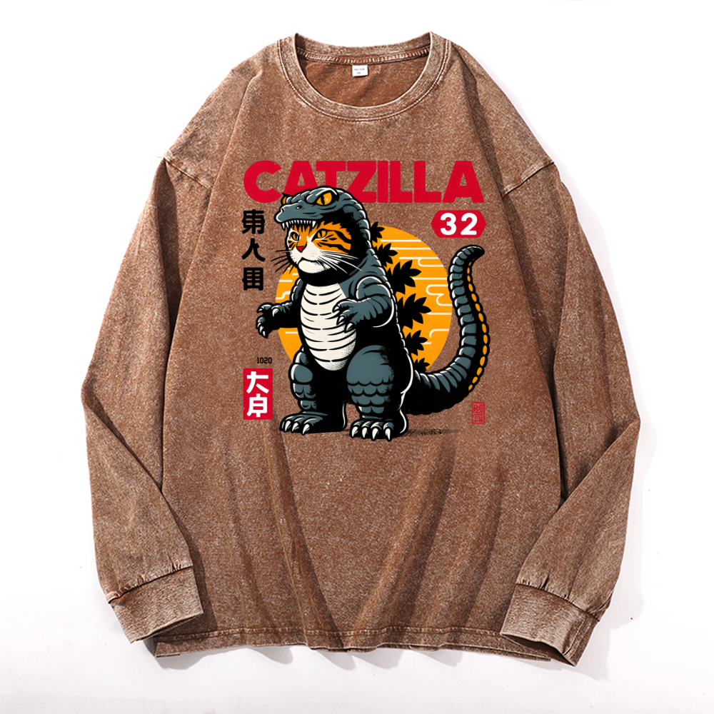 Catzilla Kaiju Vintage Cotton Wash Crewneck Sweatshirt