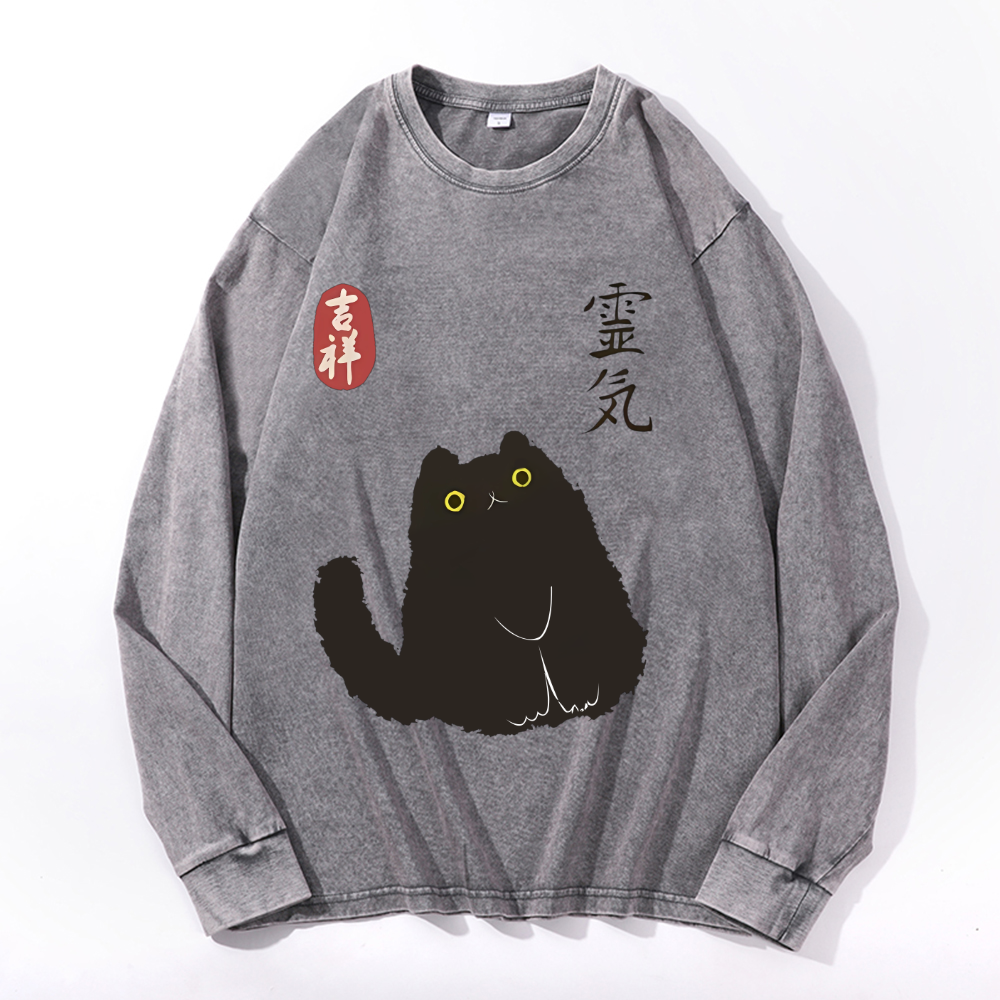 Cat Art Vintage Cotton Wash Crewneck Sweatshirt