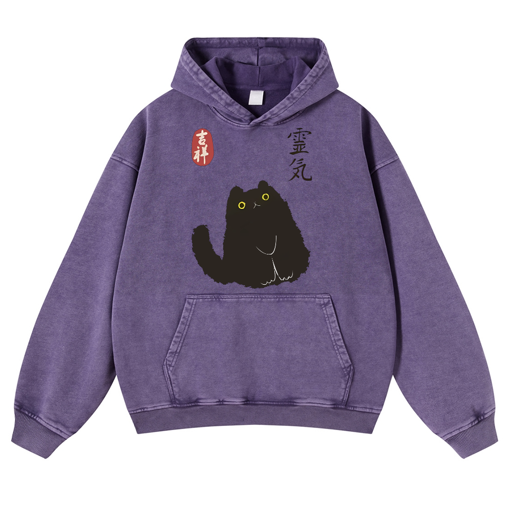 Black Cat Art Vintage Washed Thick Cotton Hoodie