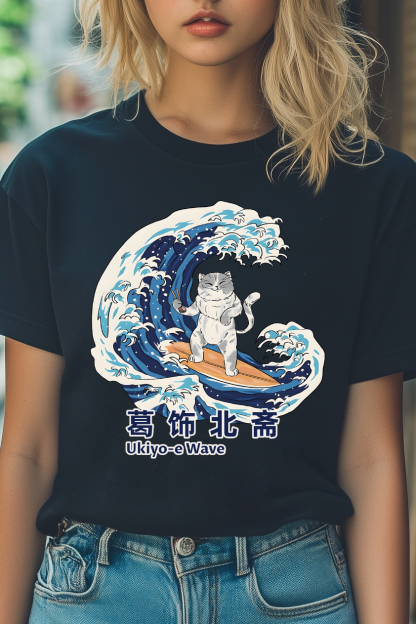Katsushika Hokusai Ukiyoe Wave Cat Japanese Style Women's Classic Tee