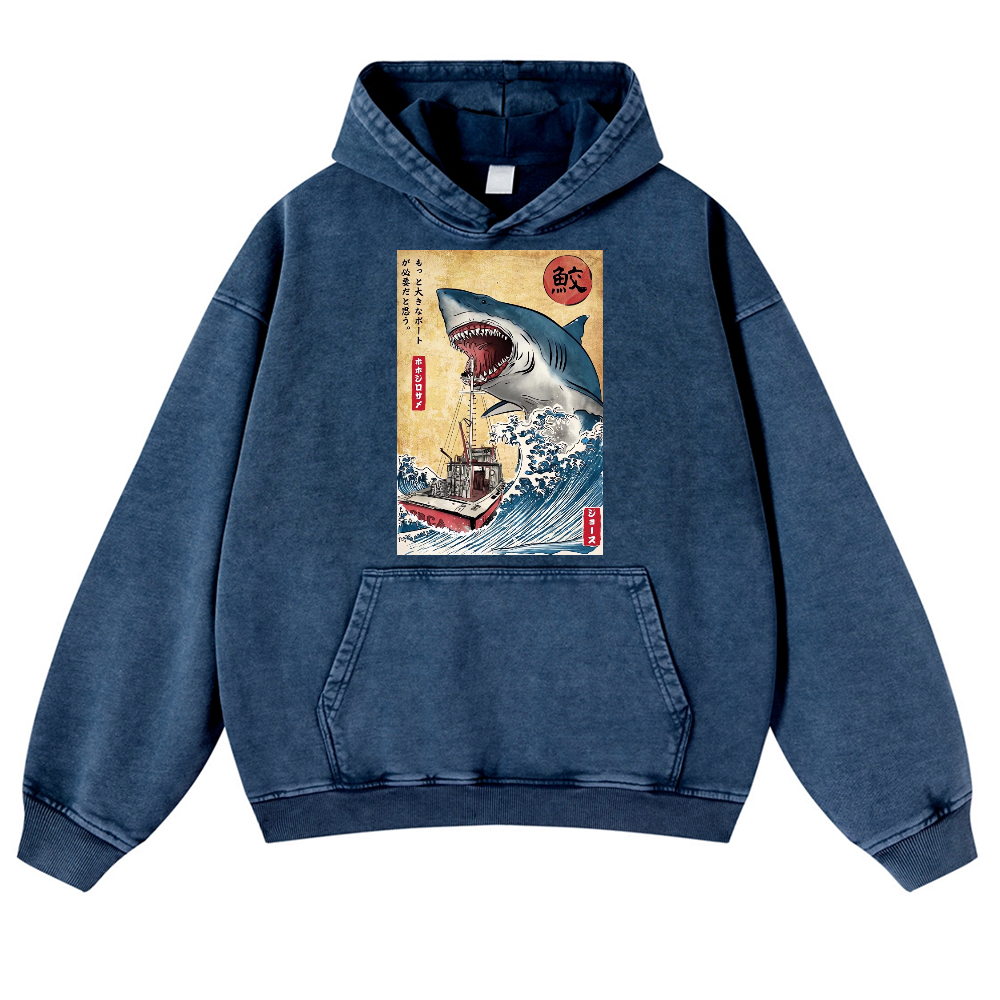 Jaws Ukiyoe Vintage Washed Thick Cotton Hoodie