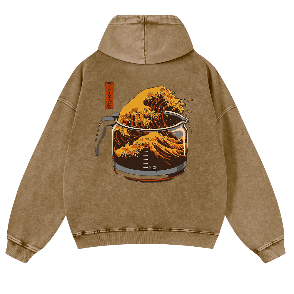 Katsushika Hokusai Coffee Wave Ukiyoe Vintage Washed Cotton Back Art Hoodie