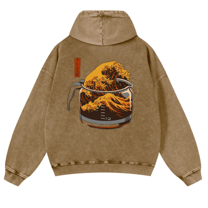 Katsushika Hokusai Coffee Wave Ukiyoe Vintage Washed Cotton Back Art Hoodie