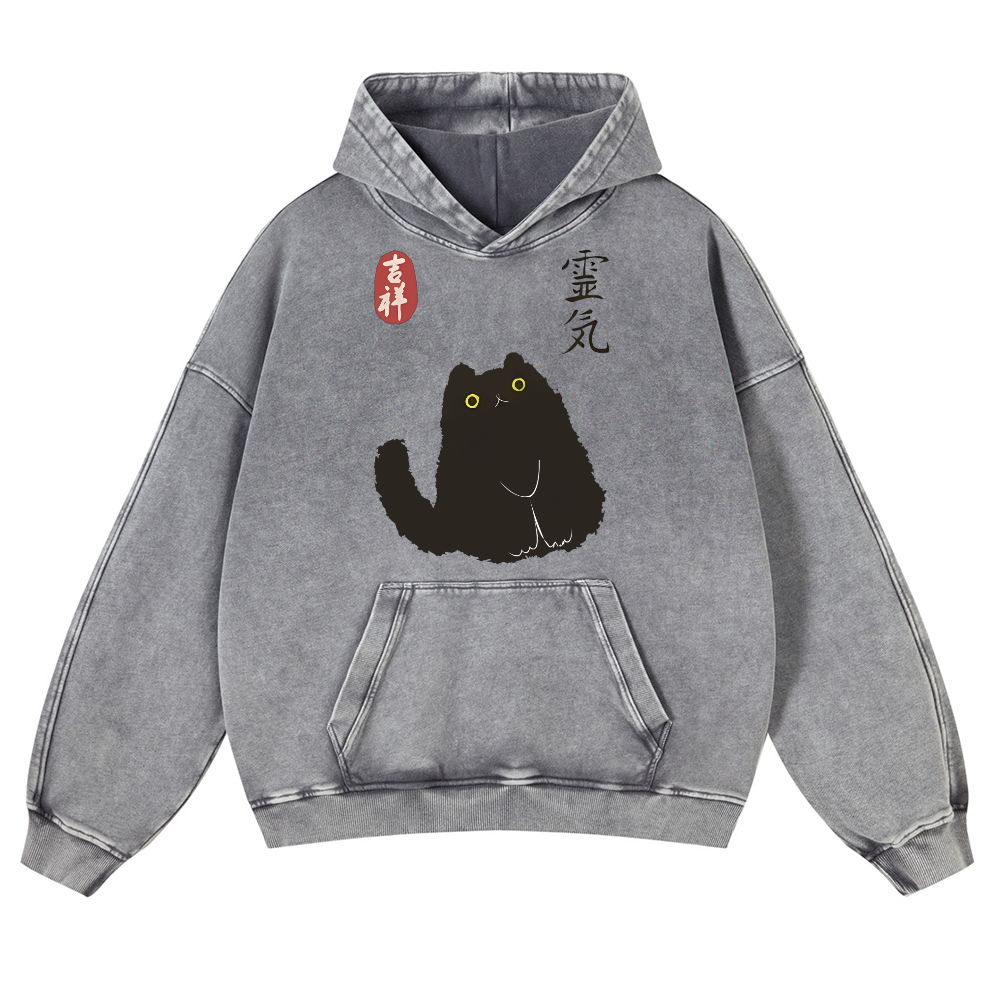 Black Cat Art Vintage Washed Thick Cotton Hoodie