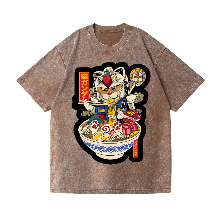 Gundam Cat Ramen Vintage Wash Japanese Design T-Shirt