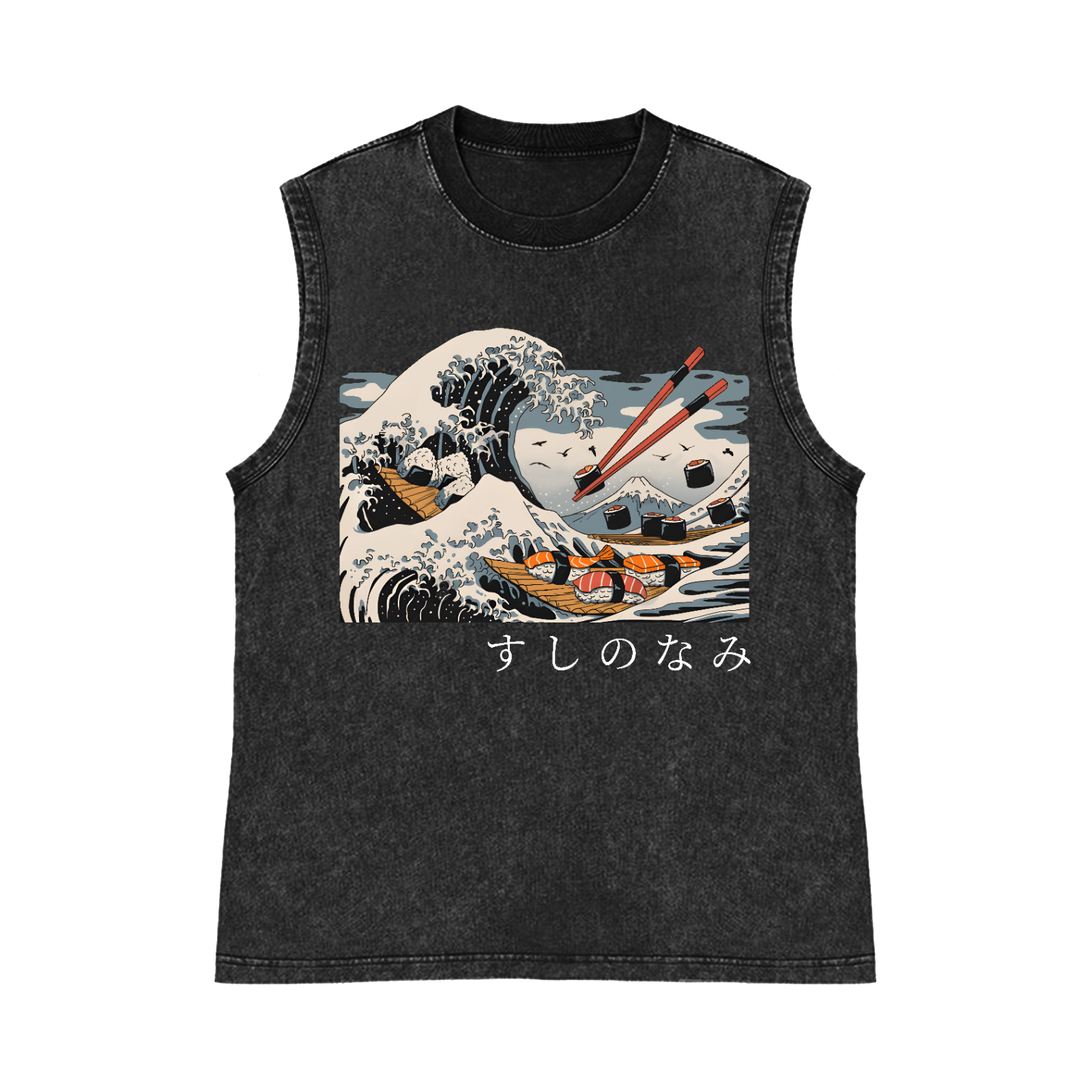 Sushi Katsushika Hokusai Pure Cotton Wash-Dyed Sleeveless Tank Top