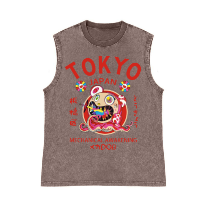 TM Sunflower Octopus Tokyo Japan Pure Cotton Wash-Dyed Sleeveless Tank Top